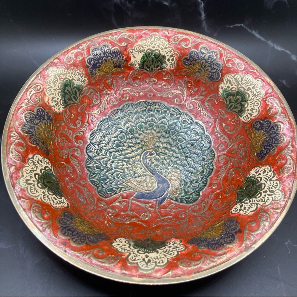 Brass Trinket Dish With Embossed Peacock